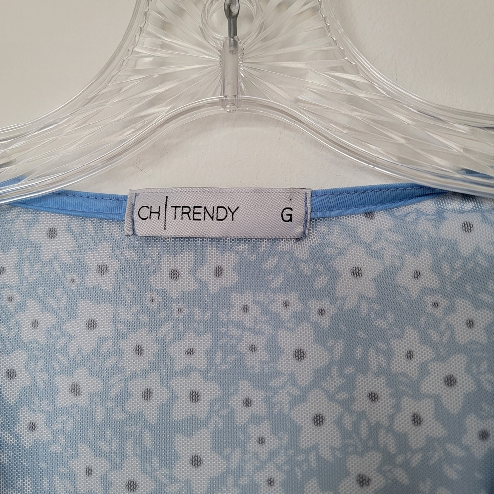 Vintage Y2K Parisian Cruise Wear Blue Floral Mesh Long Sleeve Mini Dress Large - Picture 4 of 9